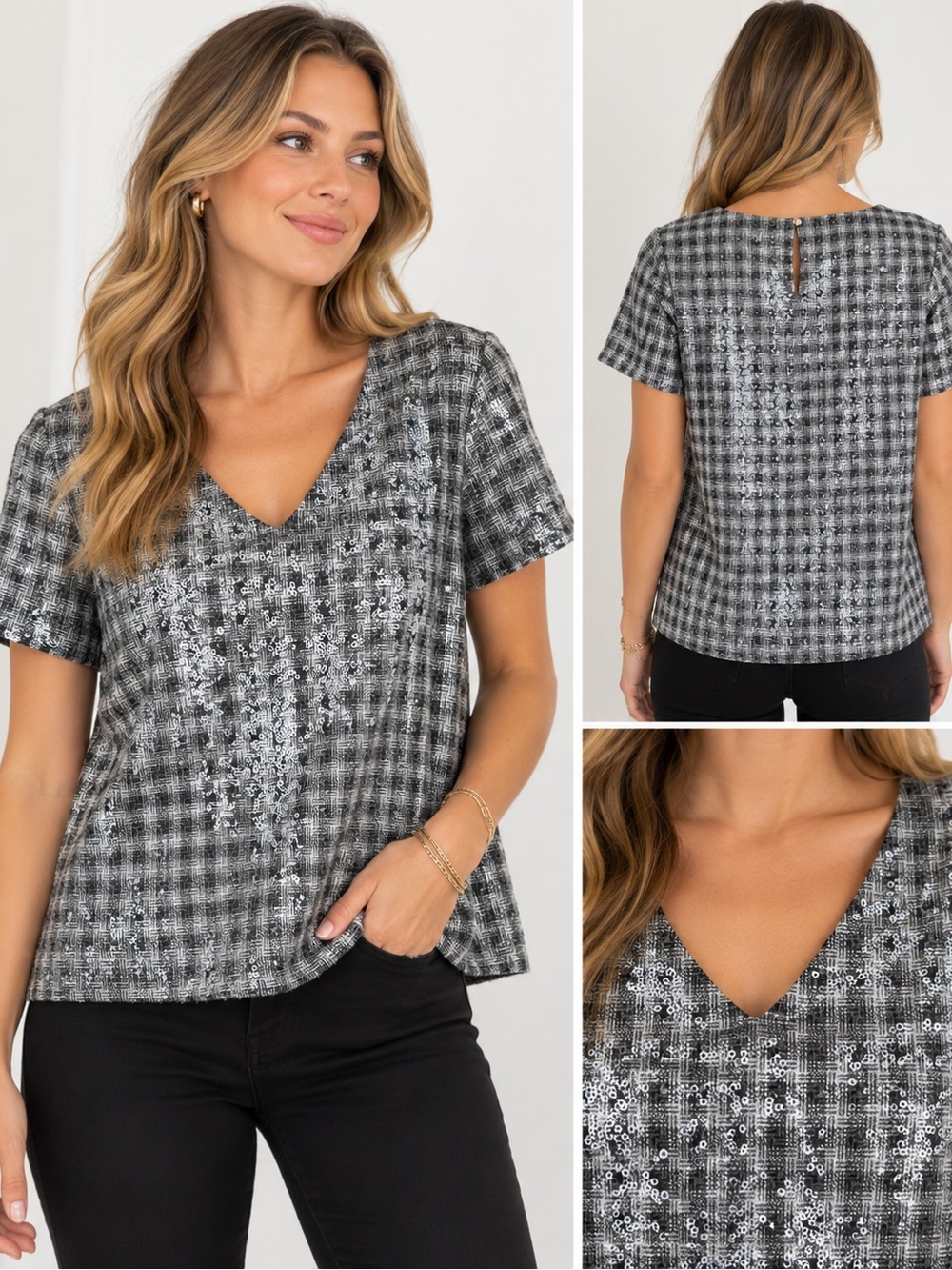 Draper James Sequin Plaid Top Black Gray Tweed Short Sleeve XS